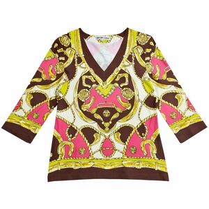 Barbara Gerwit Vintage Brown Pink Green Equestrian Chain Stretch Knit Blouse